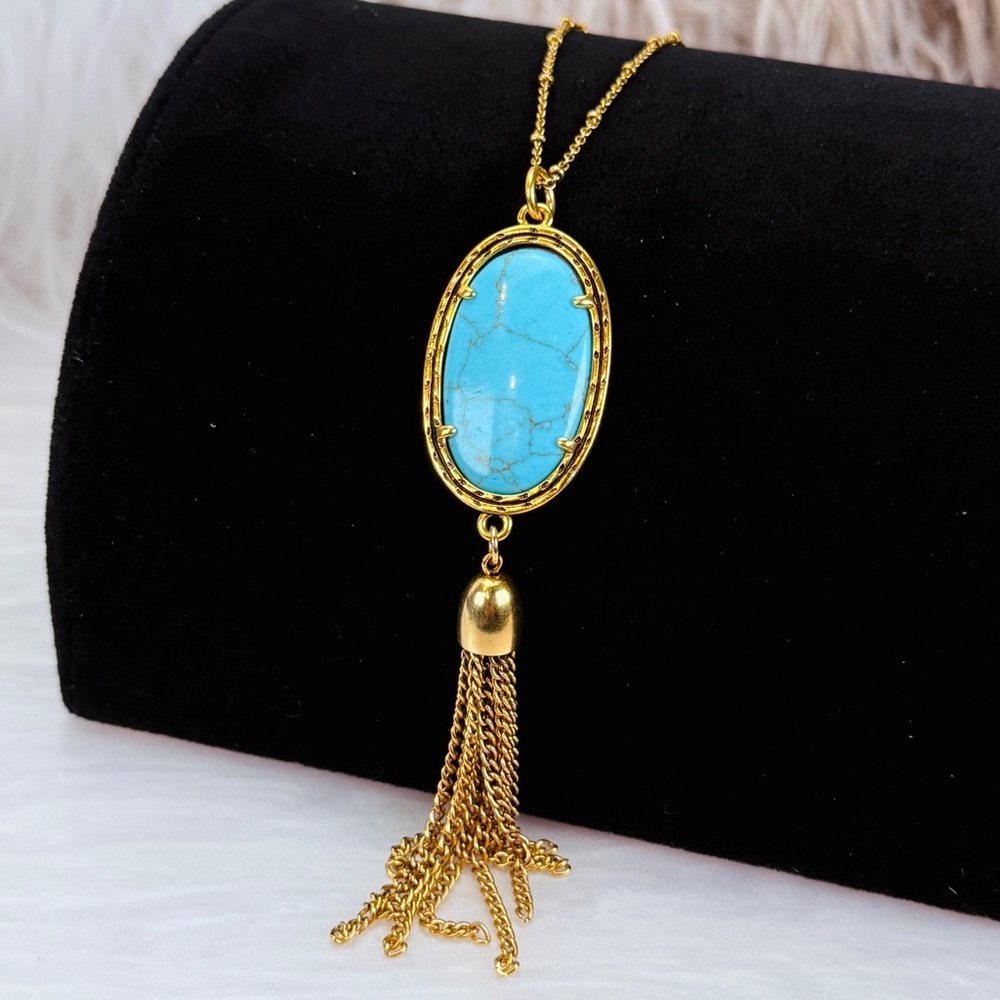 Pretty delicate goldtone blue, fringe pendant costume necklace